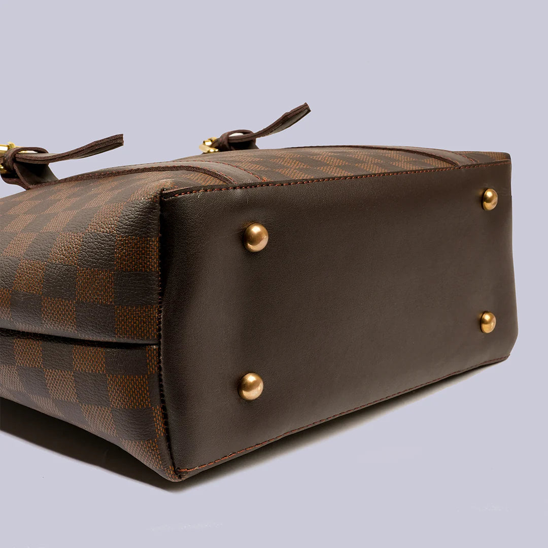 Classic Brown Checkered Tote Bag – Premium PU Leather