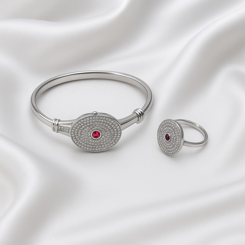 Elegant Silver Ruby Center Jewelry Set – Crystal-Studded Bangle & Ring