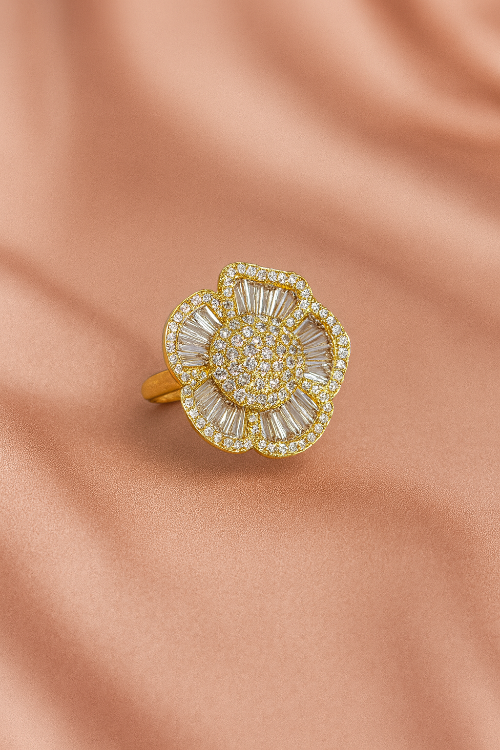 Gold-Plated Floral Statement Ring with Baguette Stones