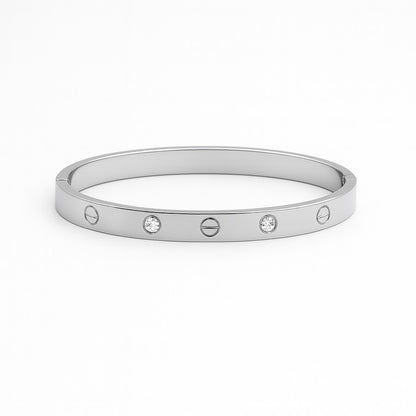Minimalist Silver Screw-Design Bangle with Crystal Accents