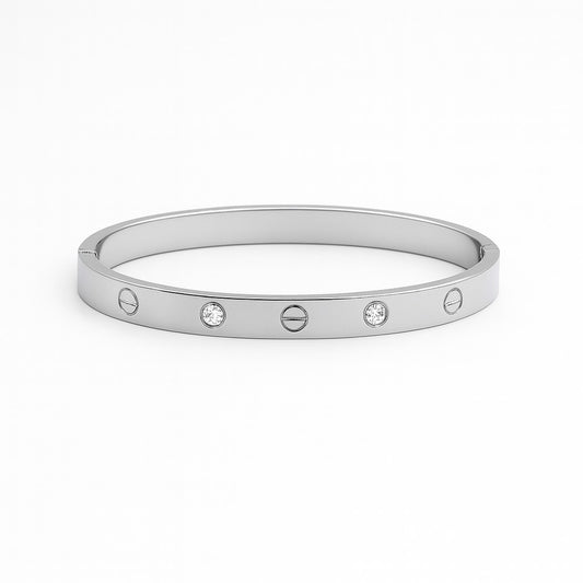 Minimalist Silver Screw-Design Bangle with Crystal Accents