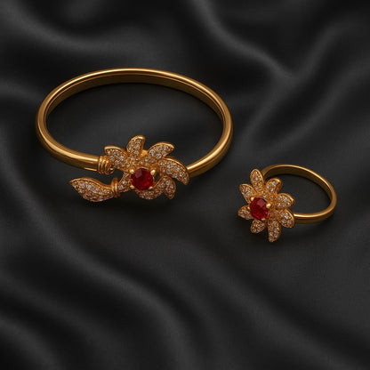 Floral Ruby Red Crystal Gold Jewelry Set (Bangle & Ring)