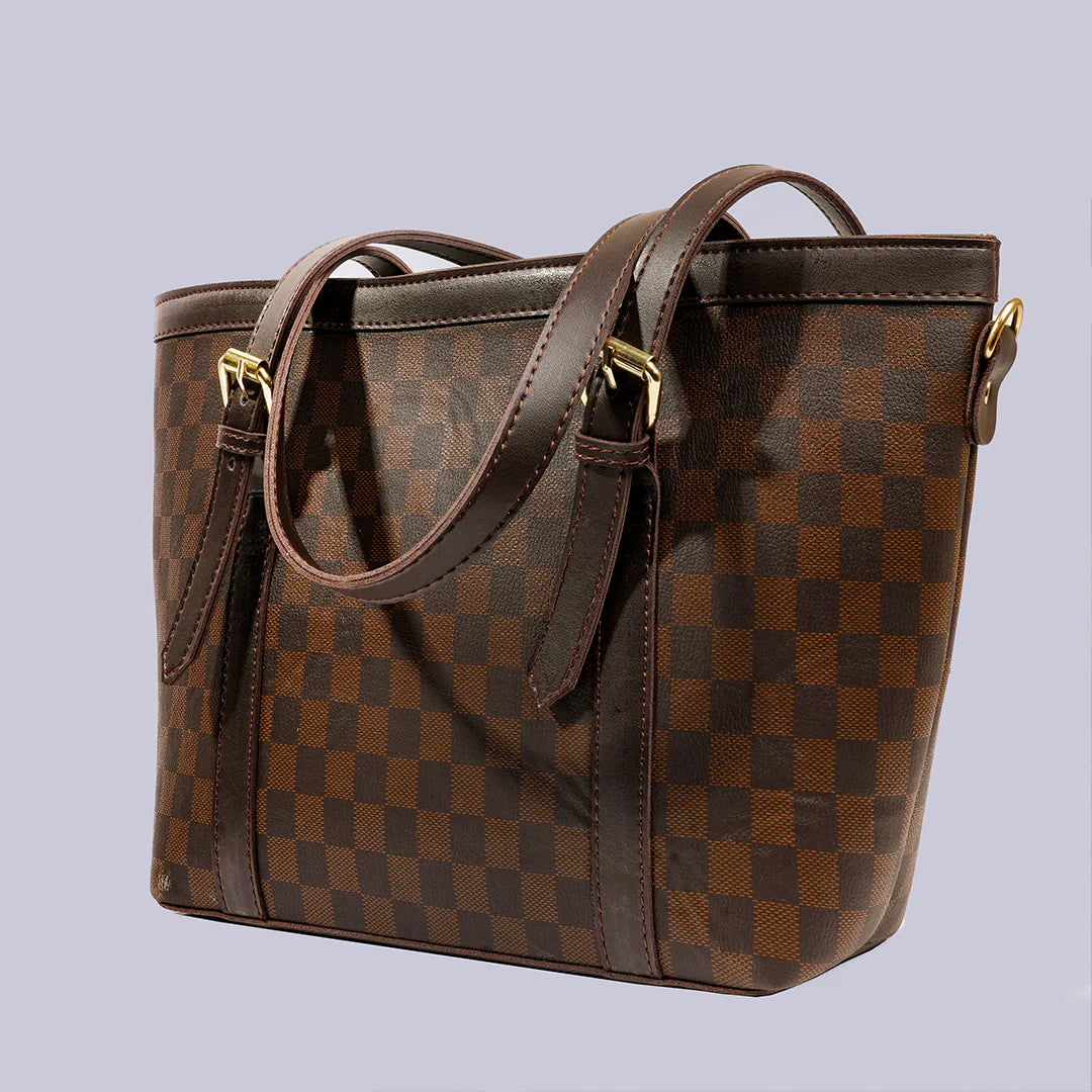 Classic Brown Checkered Tote Bag – Premium PU Leather