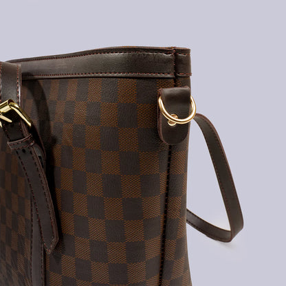 Classic Brown Checkered Tote Bag – Premium PU Leather