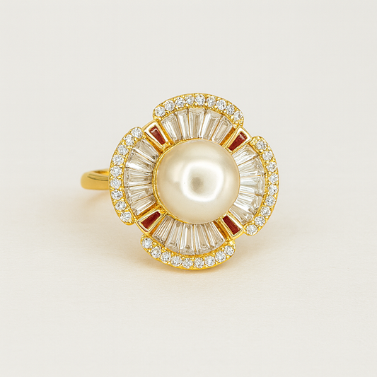 Gold Pearl Cocktail Ring with Diamond & Ruby Accents