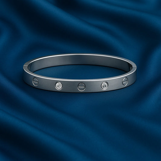 Minimalist Silver Screw-Design Bangle with Crystal Accents