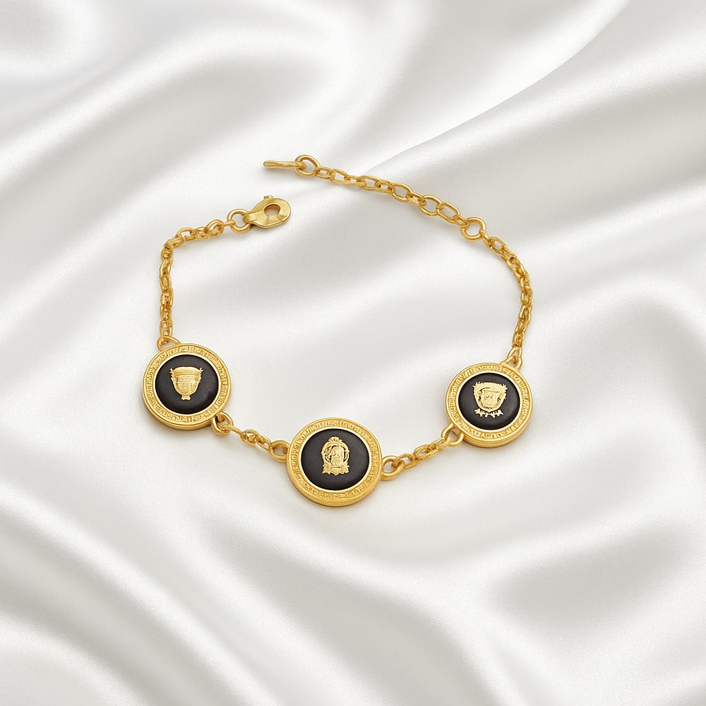 Men’s Gold-Plated Lion Emblem Bracelet – Black Enamel Chain