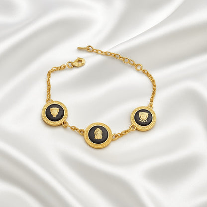 Men’s Gold-Plated Lion Emblem Bracelet – Black Enamel Chain