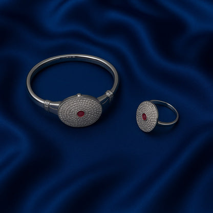 Elegant Silver Ruby Center Jewelry Set – Crystal-Studded Bangle & Ring