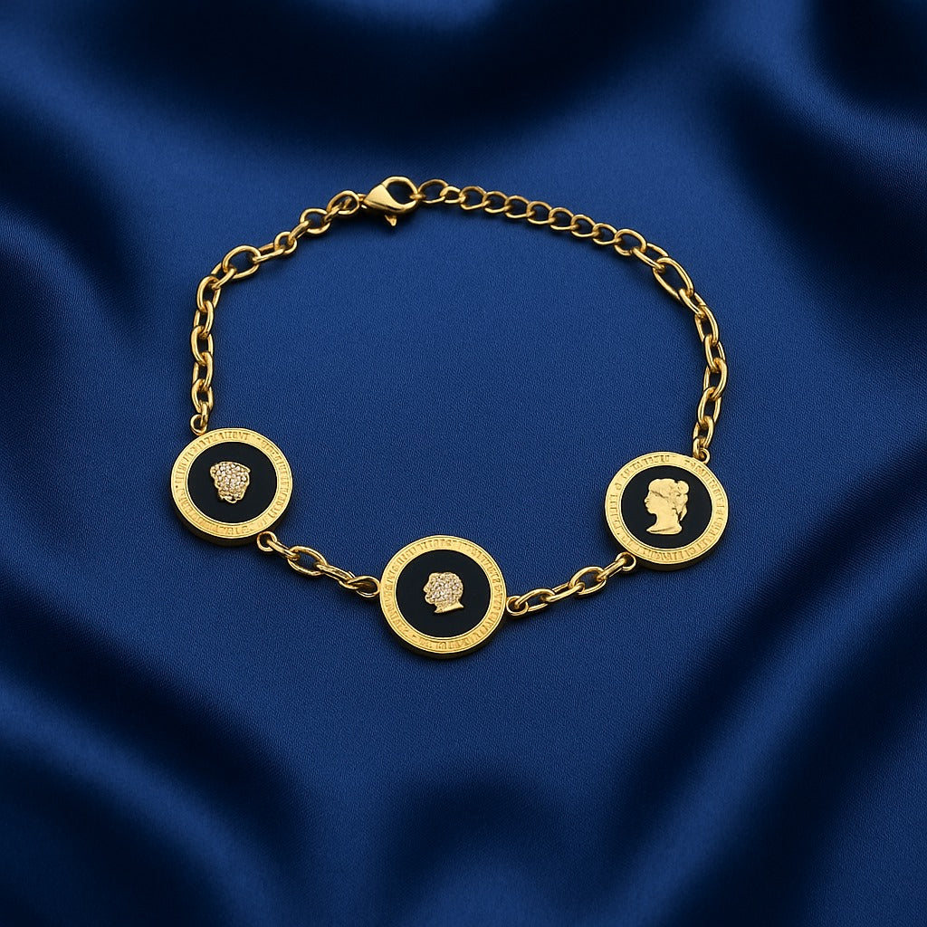 Men’s Gold-Plated Lion Emblem Bracelet – Black Enamel Chain