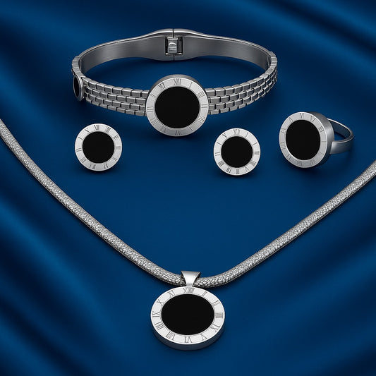 Elegant Silver Stainless Steel Black Enamel Jewelry Set for Women