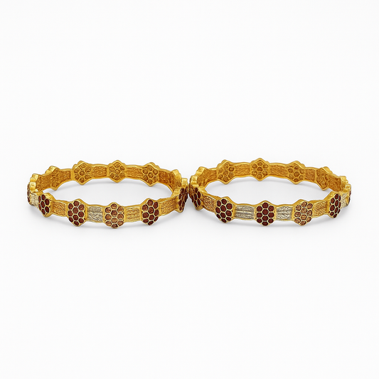 Gold Plated Red & Silver Pattern Bangles – Pair