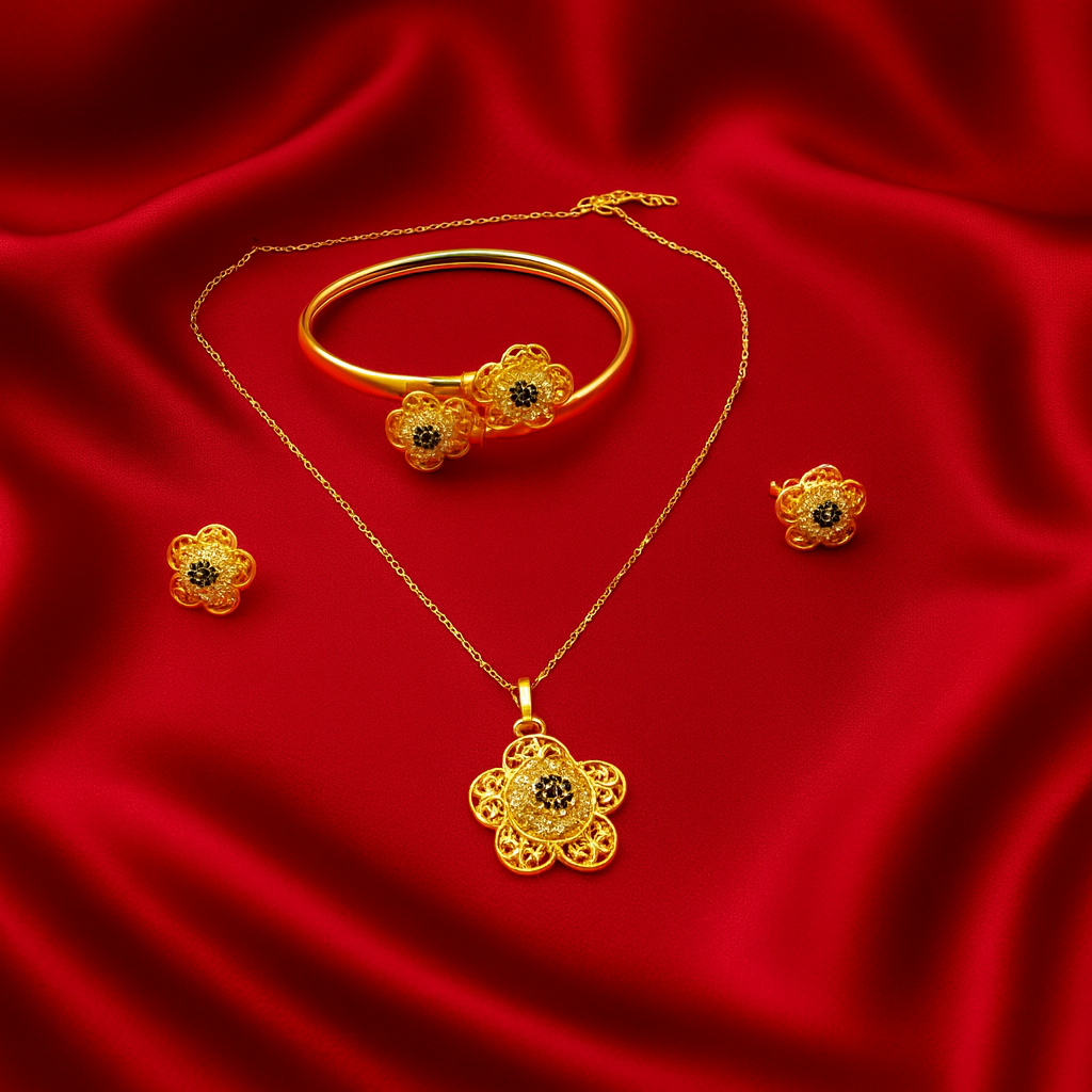 Gold Plated Black Stone Floral Jewelry Set