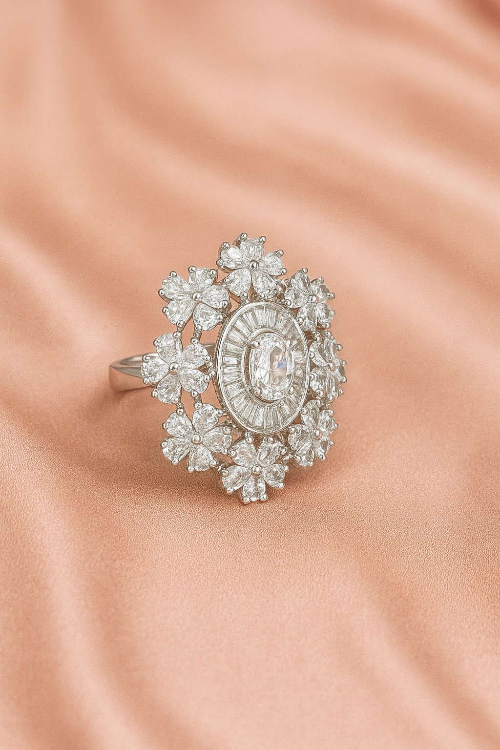 Floral Diamond Cocktail Ring in Silver Finish