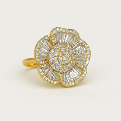 Gold-Plated Floral Statement Ring with Baguette Stones
