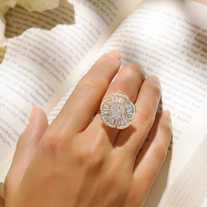 Gold-Plated Floral Statement Ring with Baguette Stones