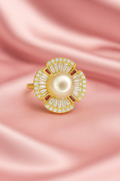 Gold Pearl Cocktail Ring with Diamond & Ruby Accents