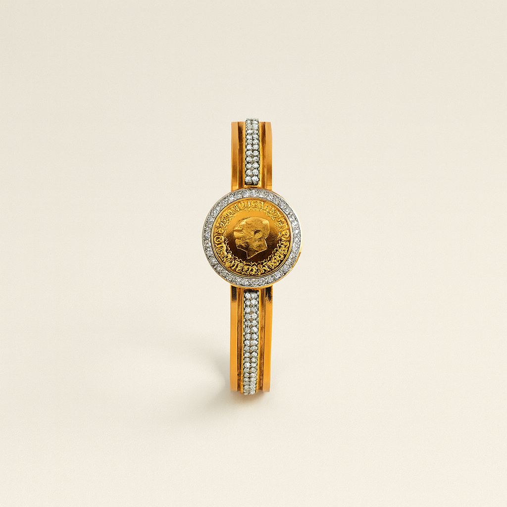 Gold-Plated Onecard Coin Bangle with CZ Stones