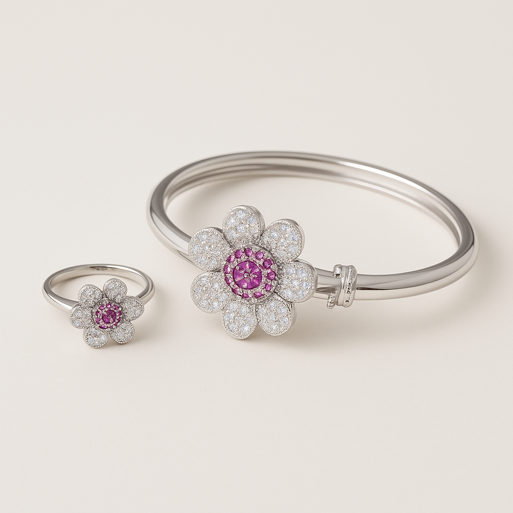 Silver-Tone Flower Jewelry Set with Pink CZ Stones