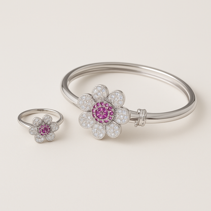 Silver-Tone Flower Jewelry Set with Pink CZ Stones