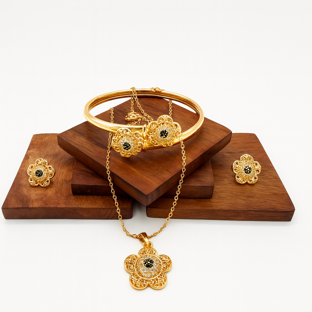 Gold Plated Black Stone Floral Jewelry Set