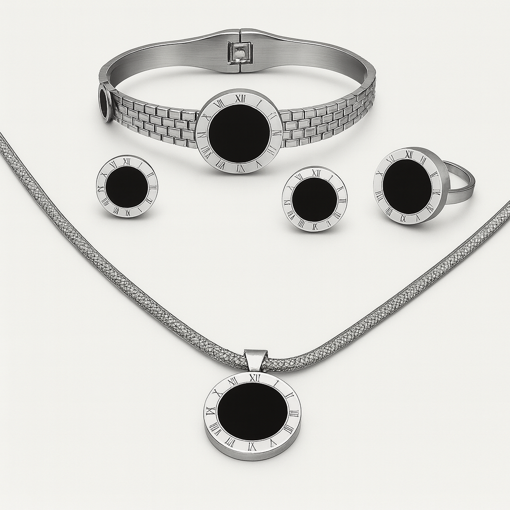 Elegant Silver Stainless Steel Black Enamel Jewelry Set for Women