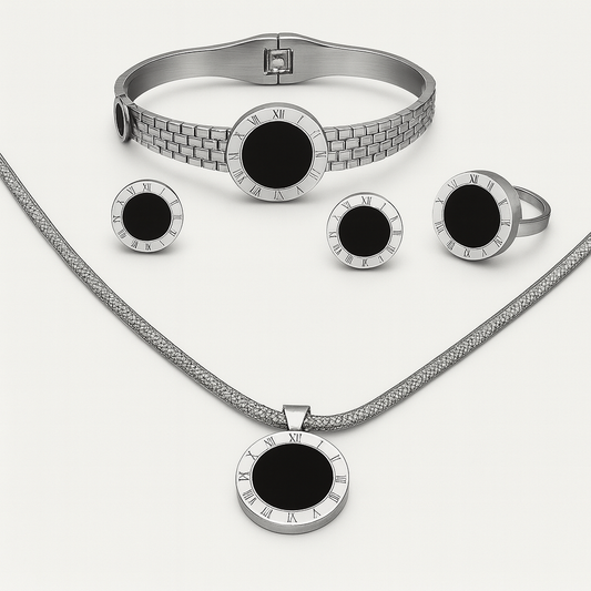 Elegant Silver Stainless Steel Black Enamel Jewelry Set for Women