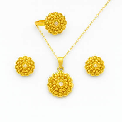 Handcrafted 24K Gold-Plated Floral Jewelry Set – Necklace, Earrings & Ring