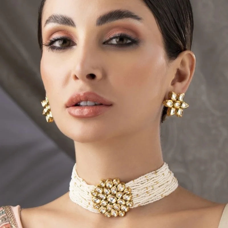 Handcrafted 24k Gold Plated Pearl Choker Necklace Set