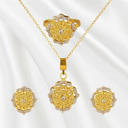 Handcrafted 24K Gold-Plated Floral Jewelry Set – Necklace, Earrings & Ring