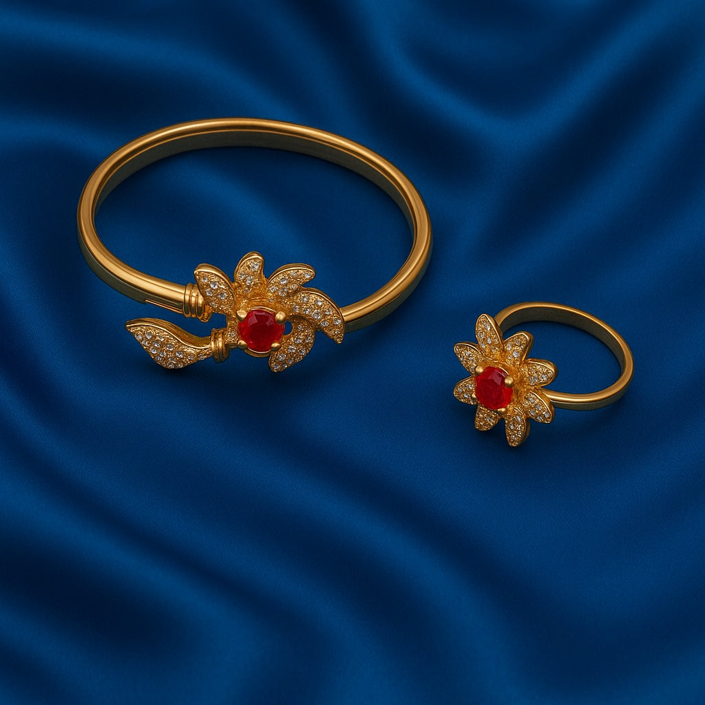Floral Ruby Red Crystal Gold Jewelry Set (Bangle & Ring)
