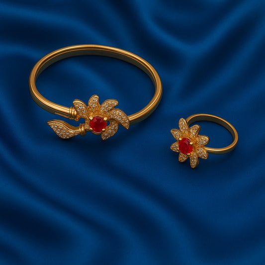 Floral Ruby Red Crystal Gold Jewelry Set (Bangle & Ring)