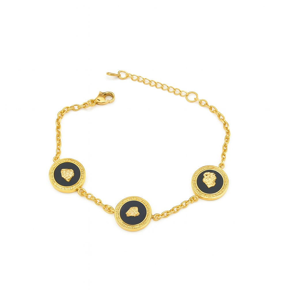 Men’s Gold-Plated Lion Emblem Bracelet – Black Enamel Chain