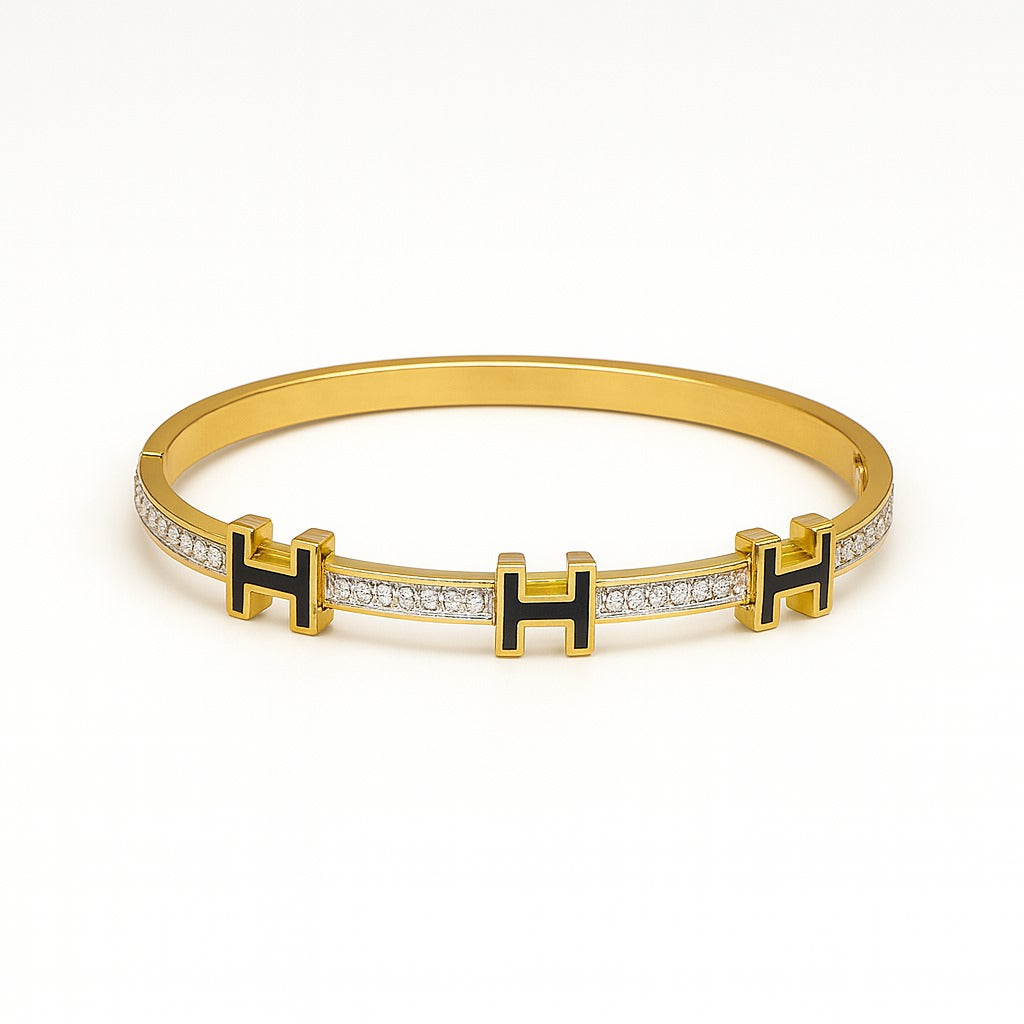 Luxury Gold-Plated “H” Designer Bangle with Black Enamel & Micro-Stone Detailing