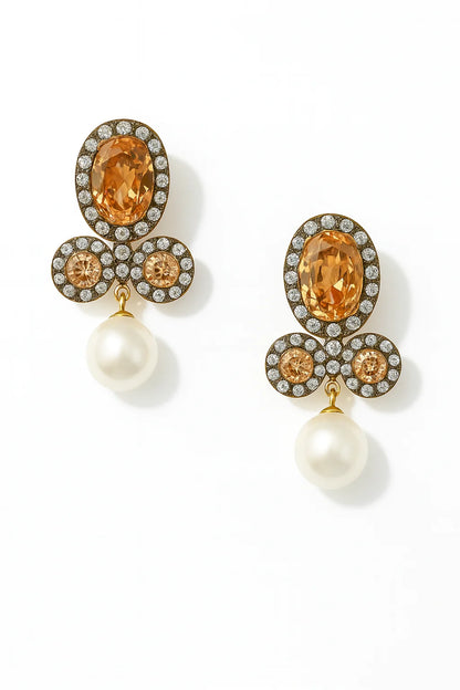 Handcrafted 24k Gold Plated Pearl Drop Stone Earrings