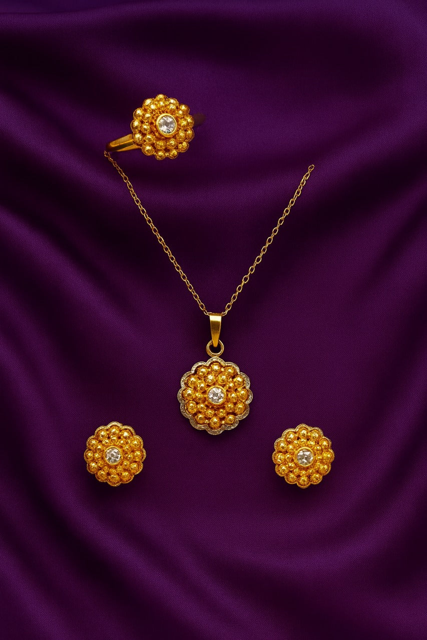 Handcrafted 24K Gold-Plated Floral Jewelry Set – Necklace, Earrings & Ring