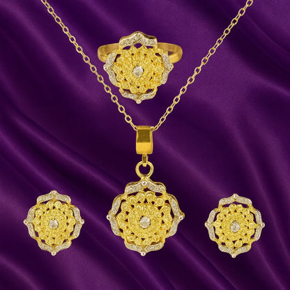 Handcrafted 24K Gold-Plated Floral Jewelry Set – Necklace, Earrings & Ring